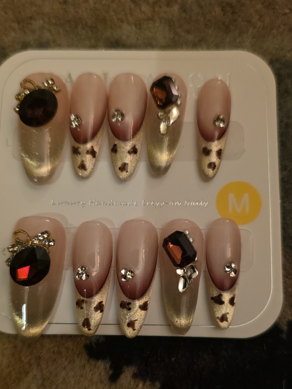 Nude & Gold Stiletto Press-On Nails with Rhinestones Set Of 10 Nails Size Med